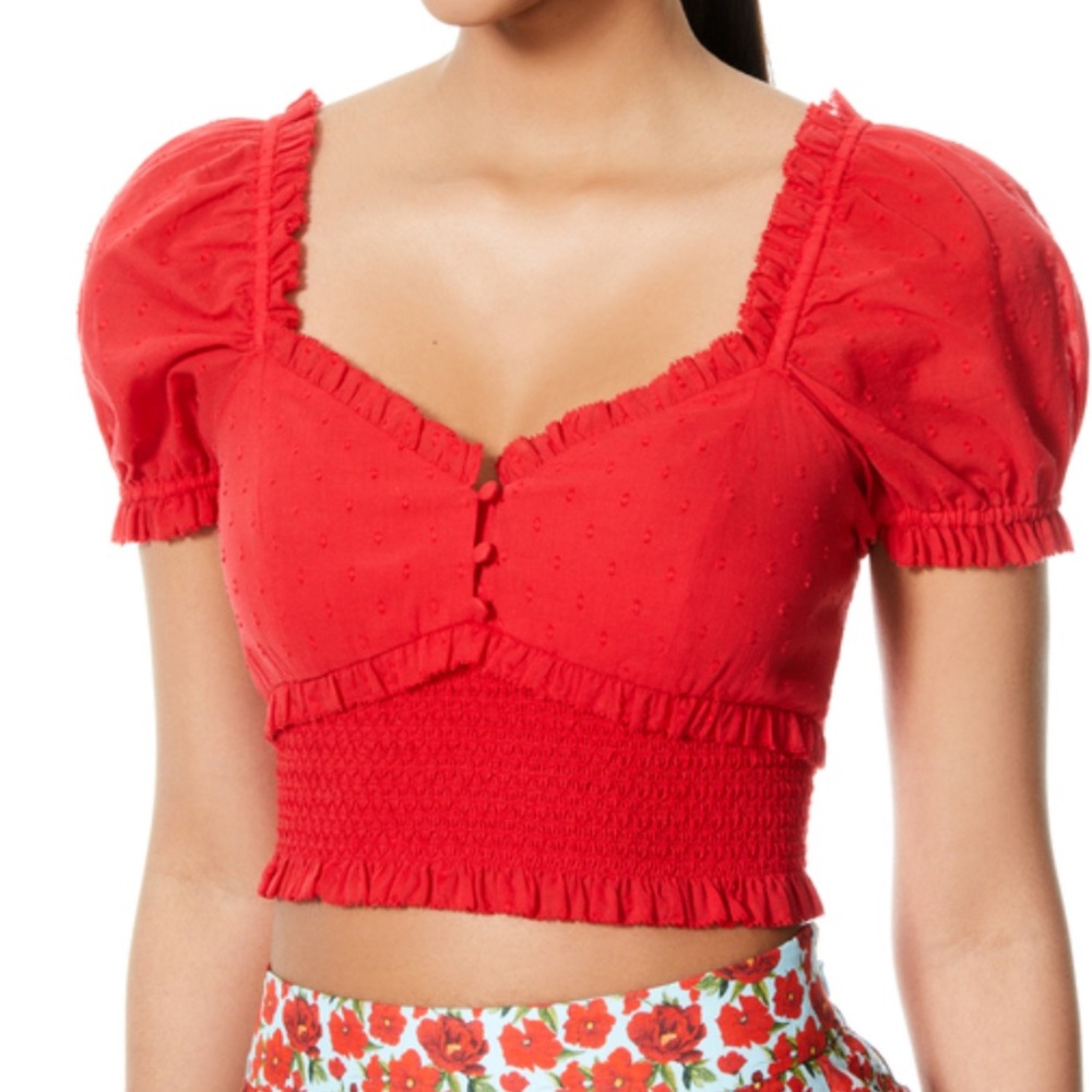 Alice + Olivia Red Smocked Crop Top with Puff Sleeves